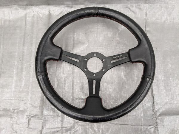 350MM NRG RST-022R 6-Hole Black Leather Arrow 3-Spoke Steering Wheel — Mazda Miata MX-5 OEM part product photo